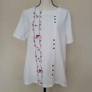 Size 2X Cotton Blend Embroidered White Textured Pullover Short Sleeve Top Blouse